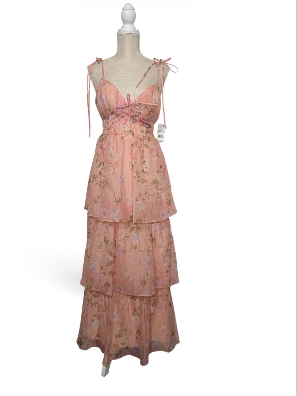 Tiered Pink Floral Maxi Dress with Adjustable Tie Straps